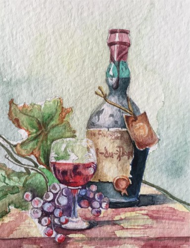 Marine Zuloyan, Watercolors, STILL LIFE WITH WINE