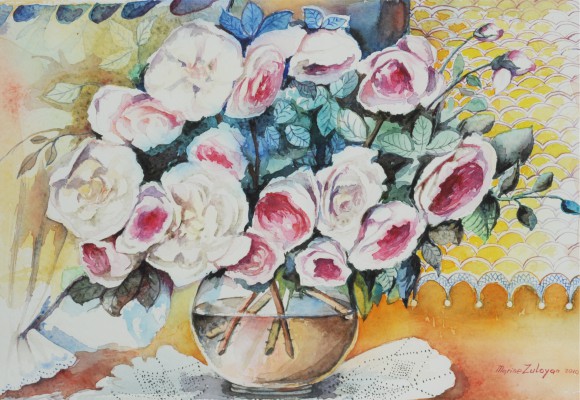 Mariné Zuloyan, Aquarelles, NATURE MORTE AVEC ROSES