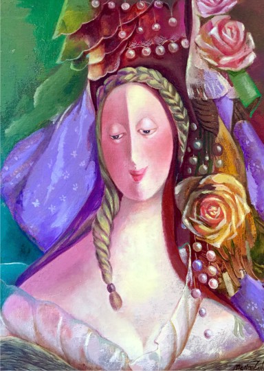 Marine Zuloyan, Paintings - Women, LADY WITH ROSES, (PASTORAL LOVE)